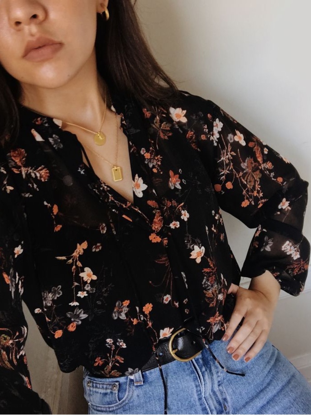 A New Day Sheer Fall Floral Long Sleeve Mandarin Collar Blouse Whimsigoth Alt